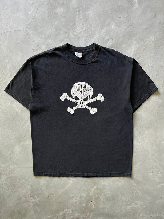 Sun Faded Black Skull and Cross Bones T-Shirt - 00s - XL