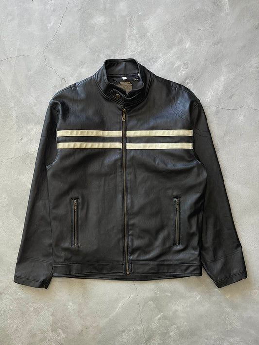 Black Striped PX Leather Motorcycle Jacket - 00s - M
