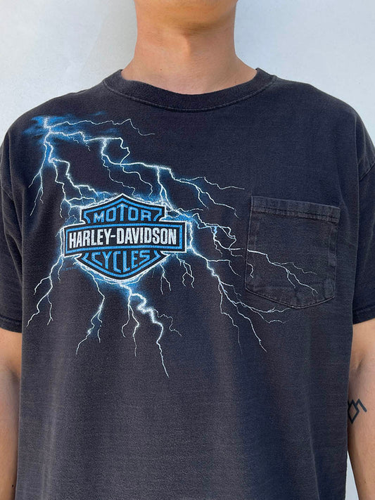 Sun Faded Black Harley Davidson Blue Lightning T-Shirt - 00s - L