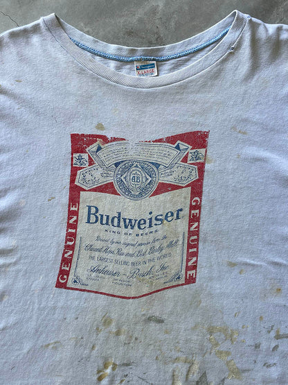 Light Blue Painted Budweiser Boxy/Cropped T-Shirt - 70s - XL