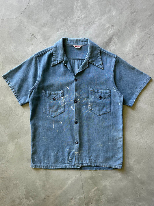 Blue Linen/Cotton Painted Kaynee Button Down Shirt - 50s - S/M