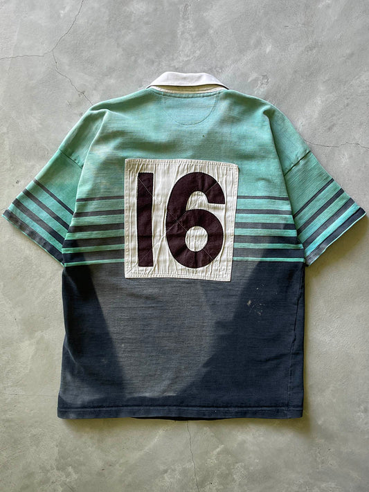 Sun Faded Green/Navy Blue #16 Rugby Shirt - 90s - L