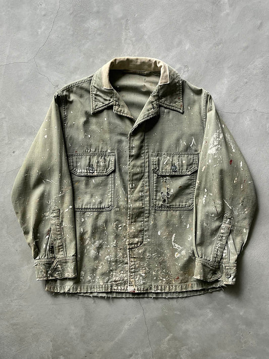Green Paint Blasted U.S. Military Button Down Shirt - 50s - L