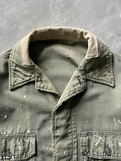 Green Paint Blasted U.S. Military Button Down Shirt - 50s - L