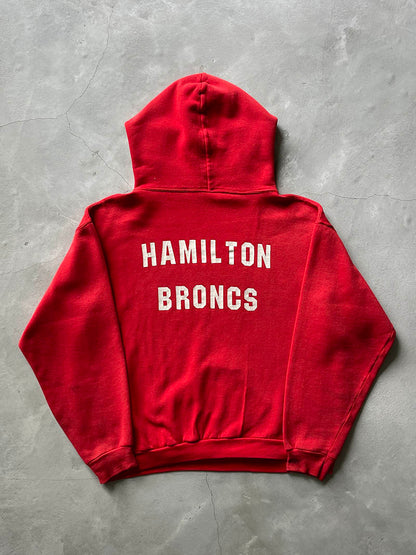Distressed Red Hamilton Broncs Russell Athletic Hoodie - 70s - L