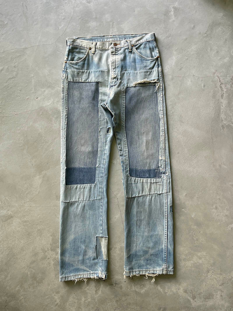 Extremely Sun Faded/Repaired Denim Wrangler Jeans - 70s - 34"