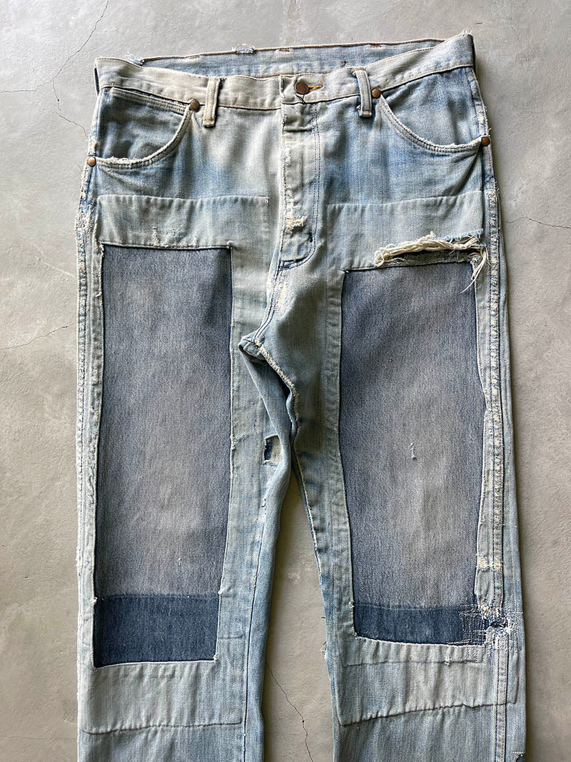 Extremely Sun Faded/Repaired Denim Wrangler Jeans - 70s - 34"