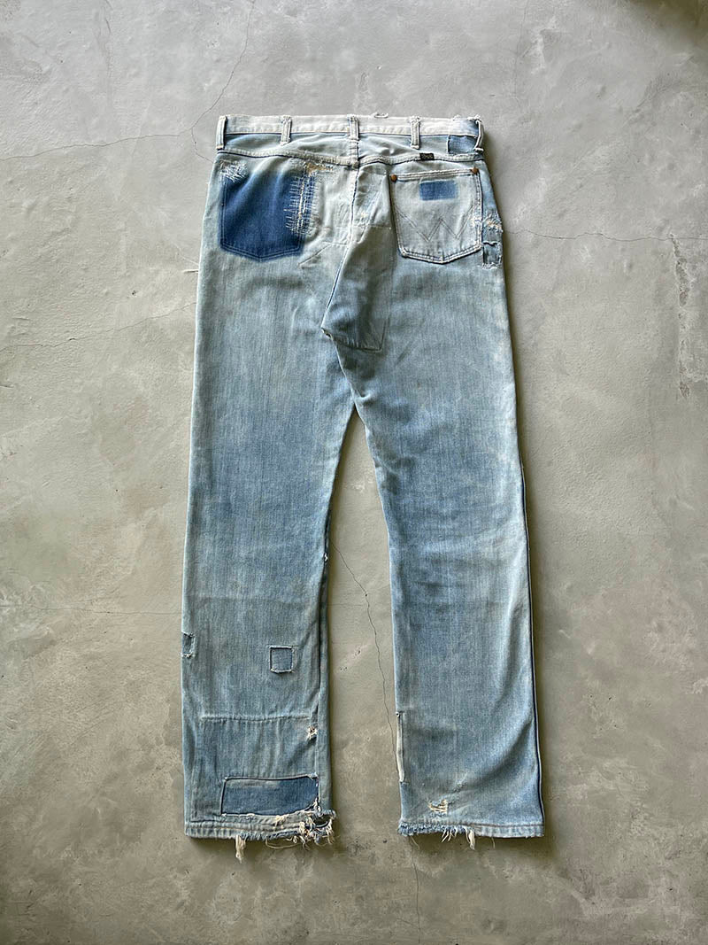 Extremely Sun Faded/Repaired Denim Wrangler Jeans - 70s - 34"