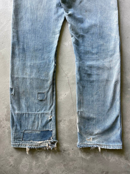 Extremely Sun Faded/Repaired Denim Wrangler Jeans - 70s - 34"