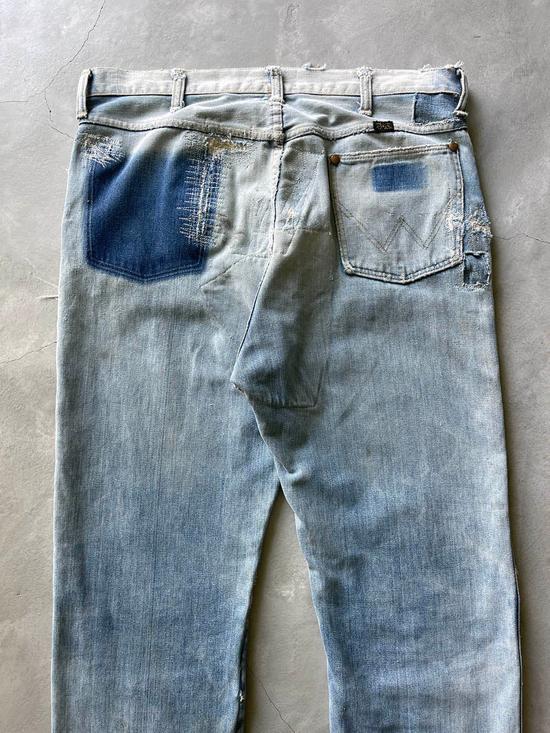 Extremely Sun Faded/Repaired Denim Wrangler Jeans - 70s - 34"