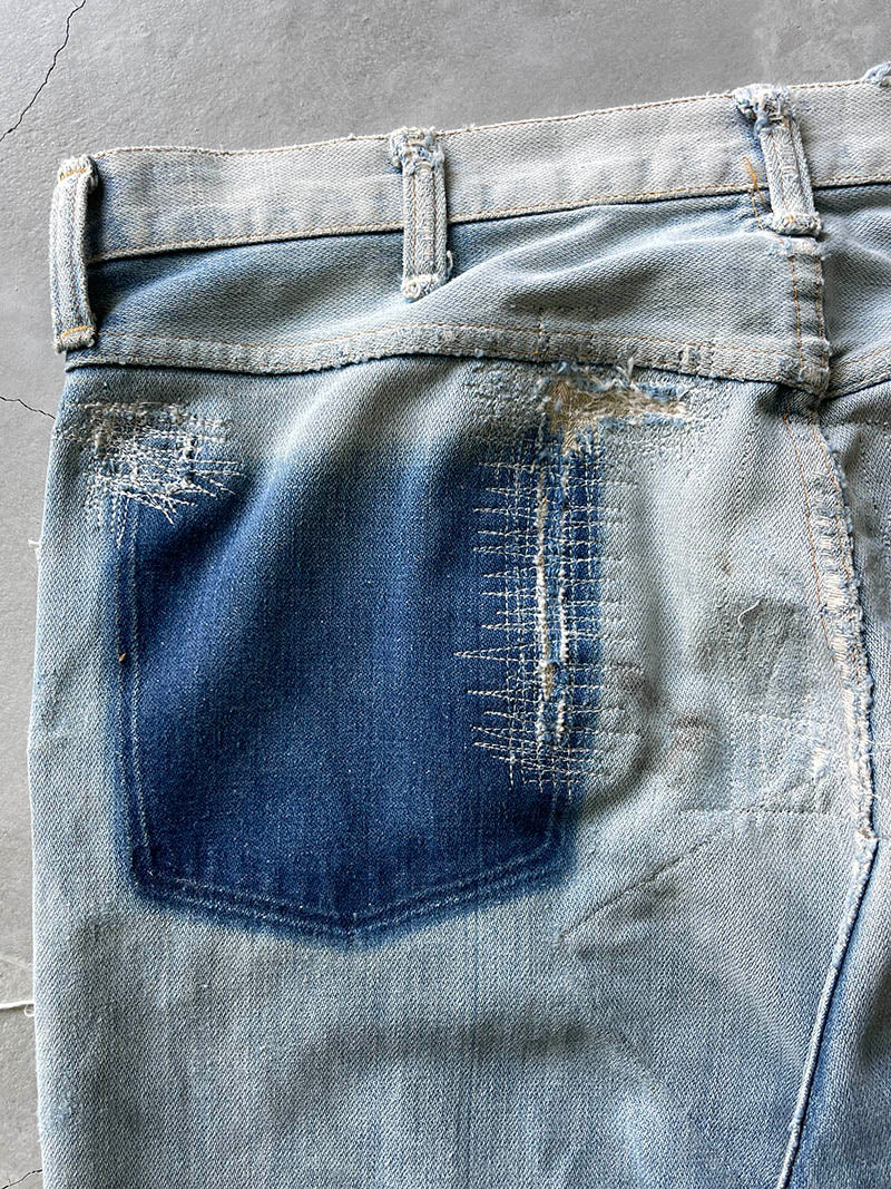 Extremely Sun Faded/Repaired Denim Wrangler Jeans - 70s - 34"