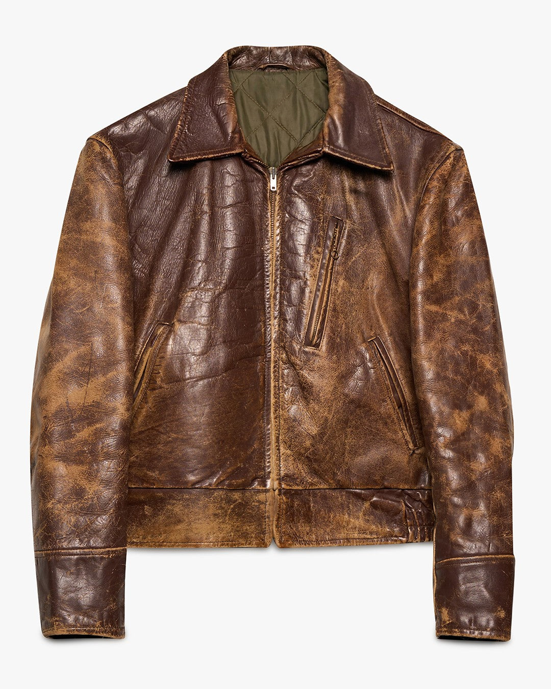 Distressed Faded Quilted Liner Brown Leather Jacket