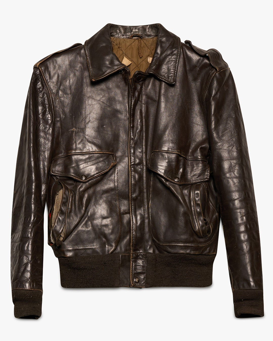 Distressed Brown Leather Bomber Jacket