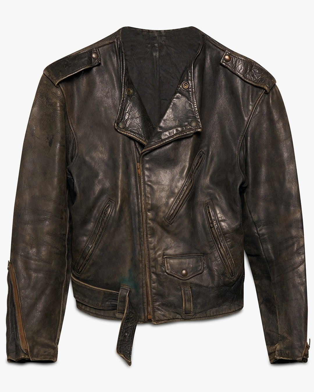 Removed Collar Leather Moto Jacket