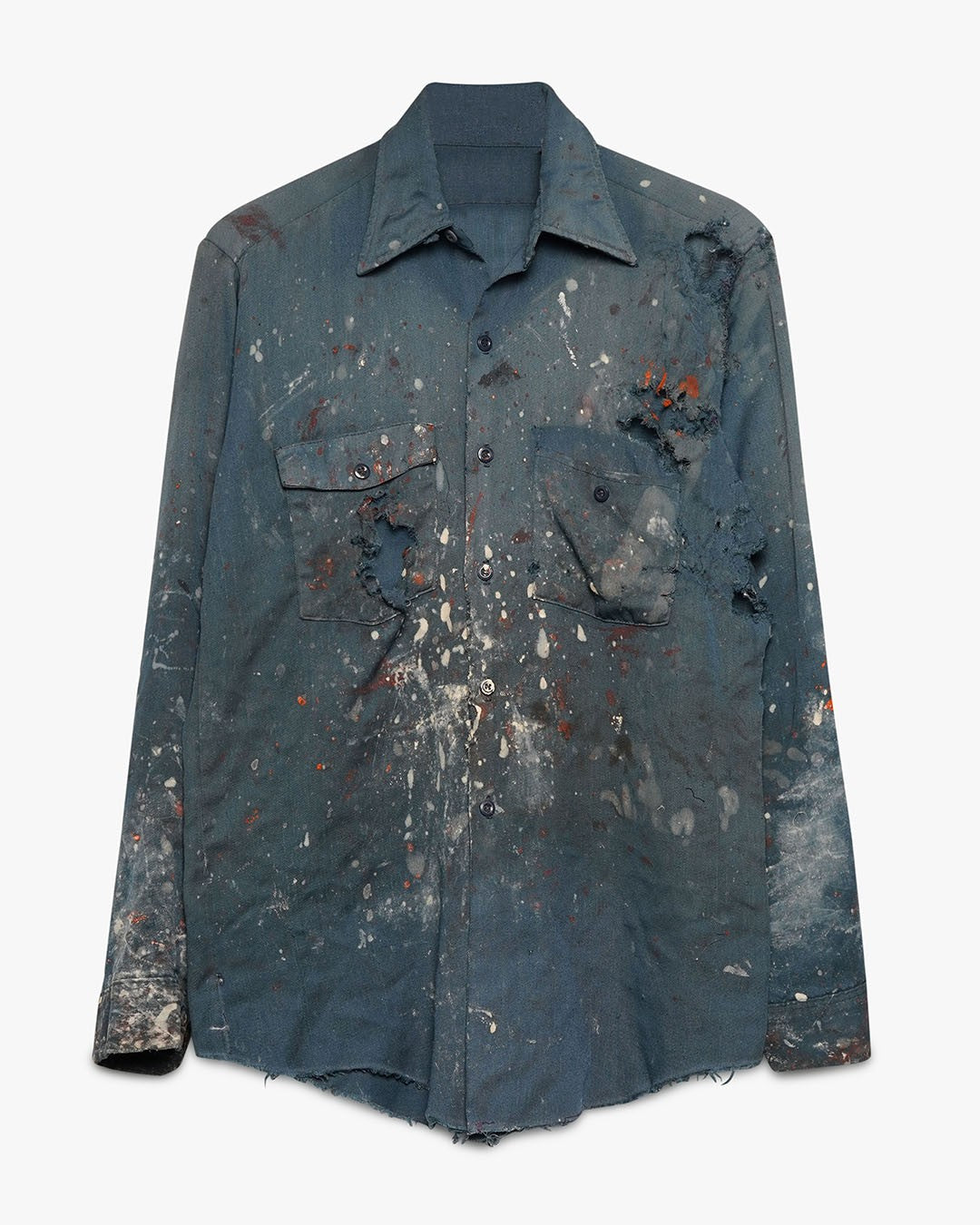 Thrashed Painted &amp; Faded Navy Blue Button Down