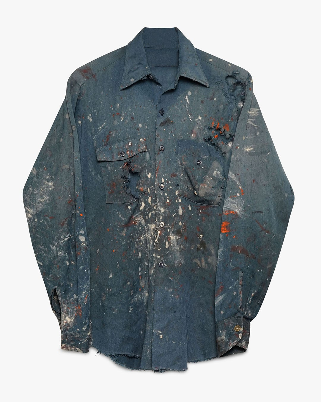 Thrashed Painted &amp; Faded Navy Blue Button Down