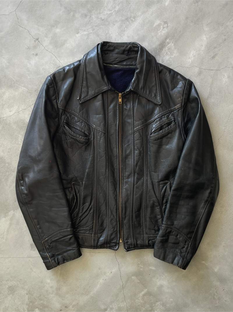 Black Leather Jacket - 60s/70s - S/M