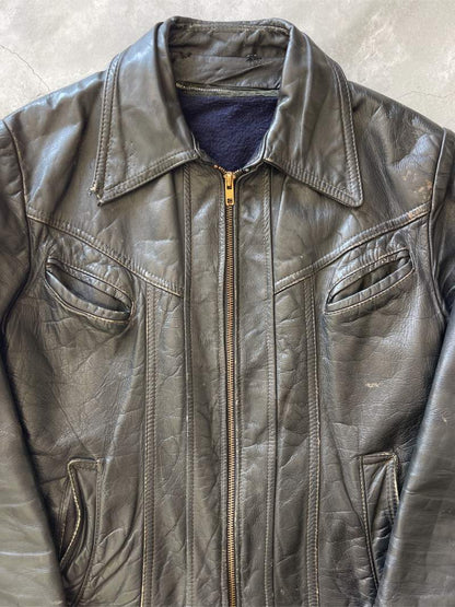 Black Leather Jacket - 60s/70s - S/M