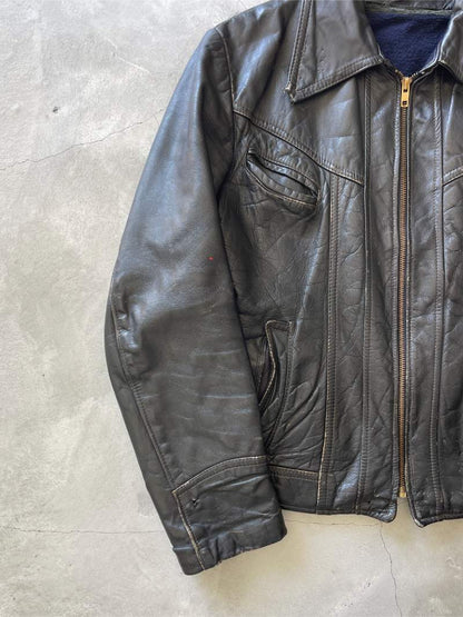 Black Leather Jacket - 60s/70s - S/M