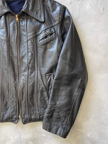 Black Leather Jacket - 60s/70s - S/M