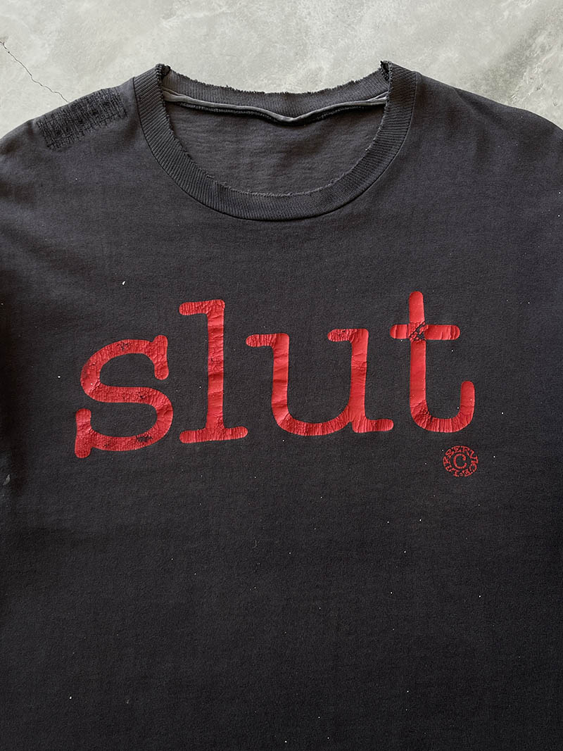Sun Faded/Paint Splattered  Black Lip Service "Slut" T-Shirt - 90s - L/XL