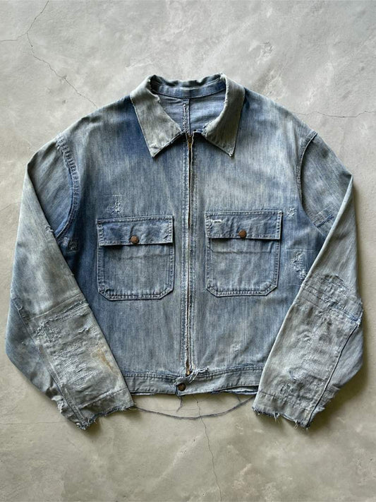 Thrashed & Repaired Sun Faded Work Master Cropped Denim Jacket - 50s - L