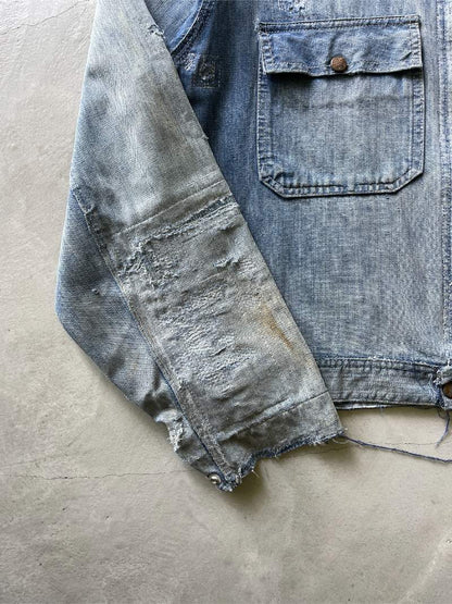 Thrashed & Repaired Sun Faded Work Master Cropped Denim Jacket - 50s - L