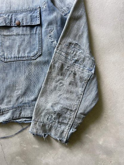 Thrashed & Repaired Sun Faded Work Master Cropped Denim Jacket - 50s - L