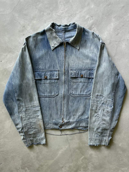 Thrashed & Repaired Sun Faded Work Master Cropped Denim Jacket - 50s - L