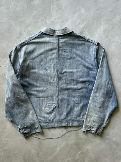 Thrashed & Repaired Sun Faded Work Master Cropped Denim Jacket - 50s - L