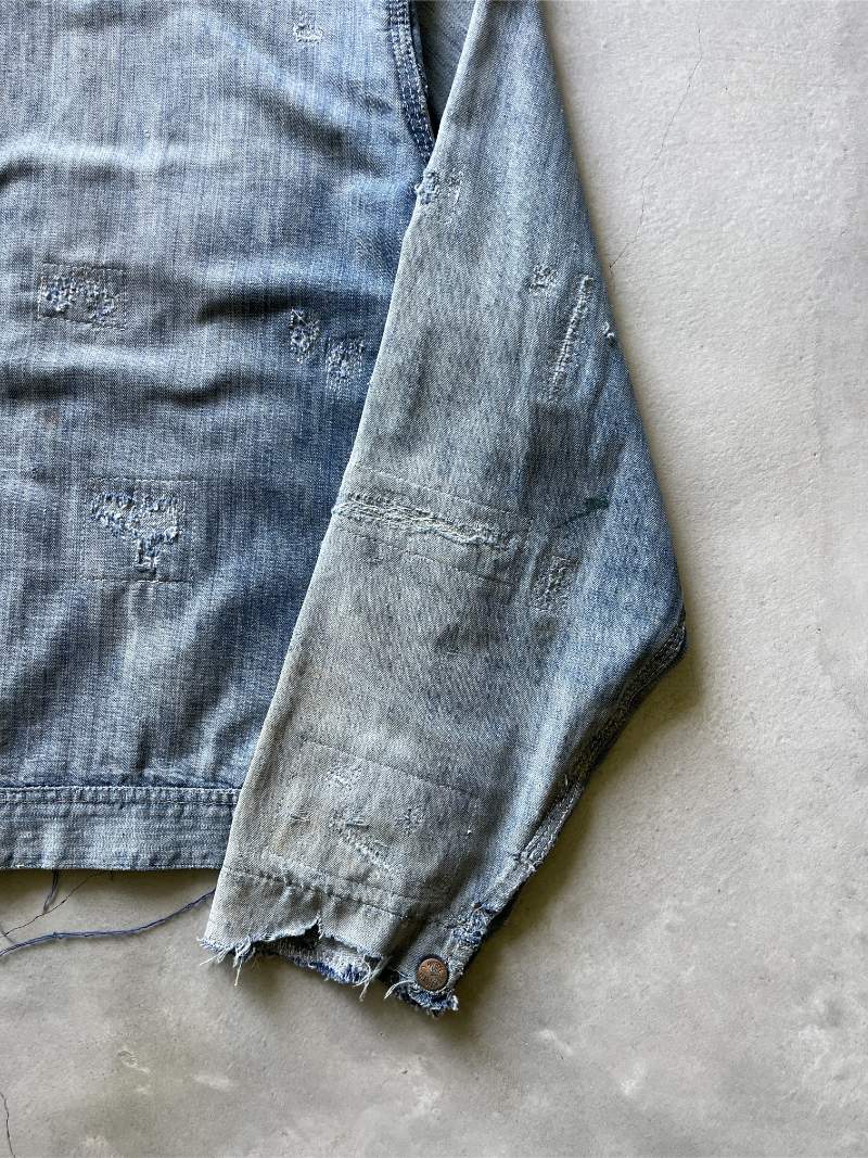 Thrashed & Repaired Sun Faded Work Master Cropped Denim Jacket - 50s - L