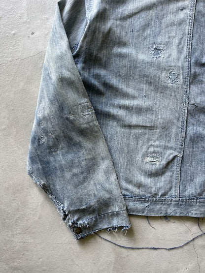 Thrashed & Repaired Sun Faded Work Master Cropped Denim Jacket - 50s - L