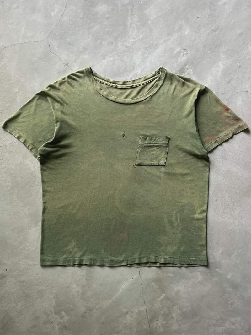 Sun Faded Avocado Green Blank Pocket T-Shirt - 60s - L/XL