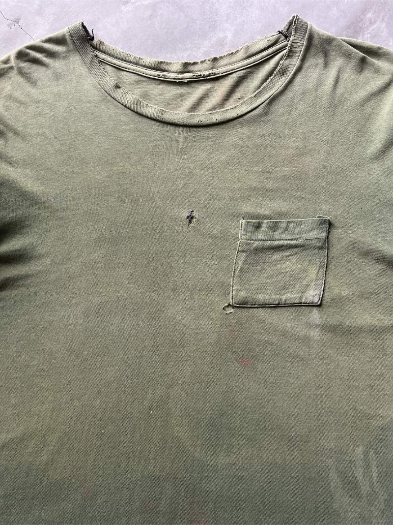 Sun Faded Avocado Green Blank Pocket T-Shirt - 60s - L/XL