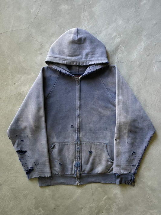 Thrashed/Sun Faded Navy Blue Zip-Up Hoodie - 60s/70s - L