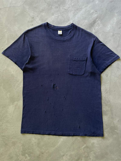 Distressed Navy Blue Pocket T-Shirt - 60s/70s - M/L