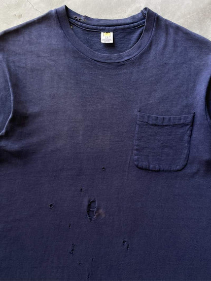 Distressed Navy Blue Pocket T-Shirt - 60s/70s - M/L