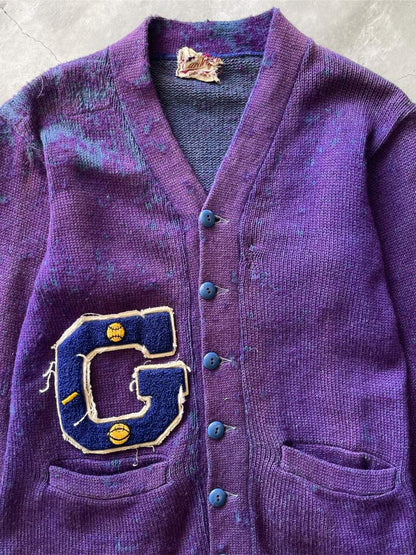 Distressed Purple Wool Cardigan - 50s/60s - XS/S