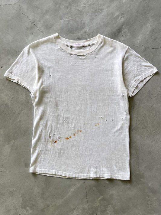 Distressed White Rust Stained Blank T-Shirt - 50s - M/L