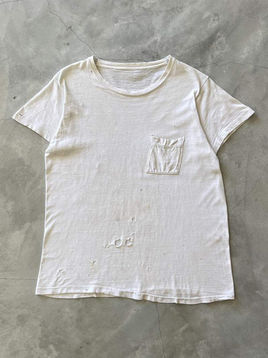 Distressed Blank White Pocket T-Shirt - 50s/60s - M/L