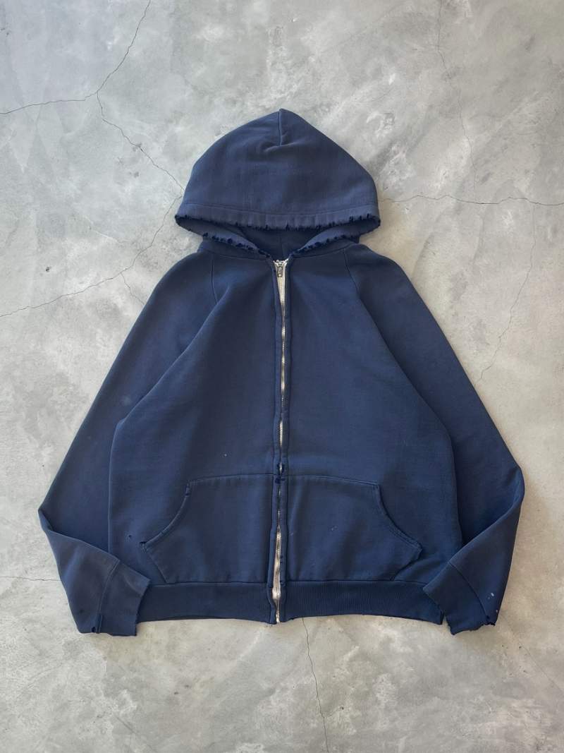 Distressed Navy Blue Zip-Up Hoodie - 70s - M/L