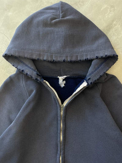 Distressed Navy Blue Zip-Up Hoodie - 70s - M/L