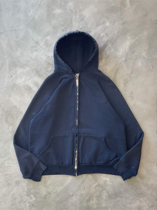 Distressed Navy Blue Zip-Up Hoodie - 70s - M/L