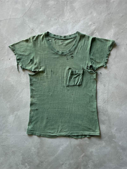 Thrashed Olive Green Pocket T-Shirt - S