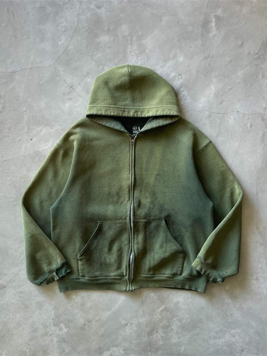 Distressed Green Zip-Up Hoodie - XL