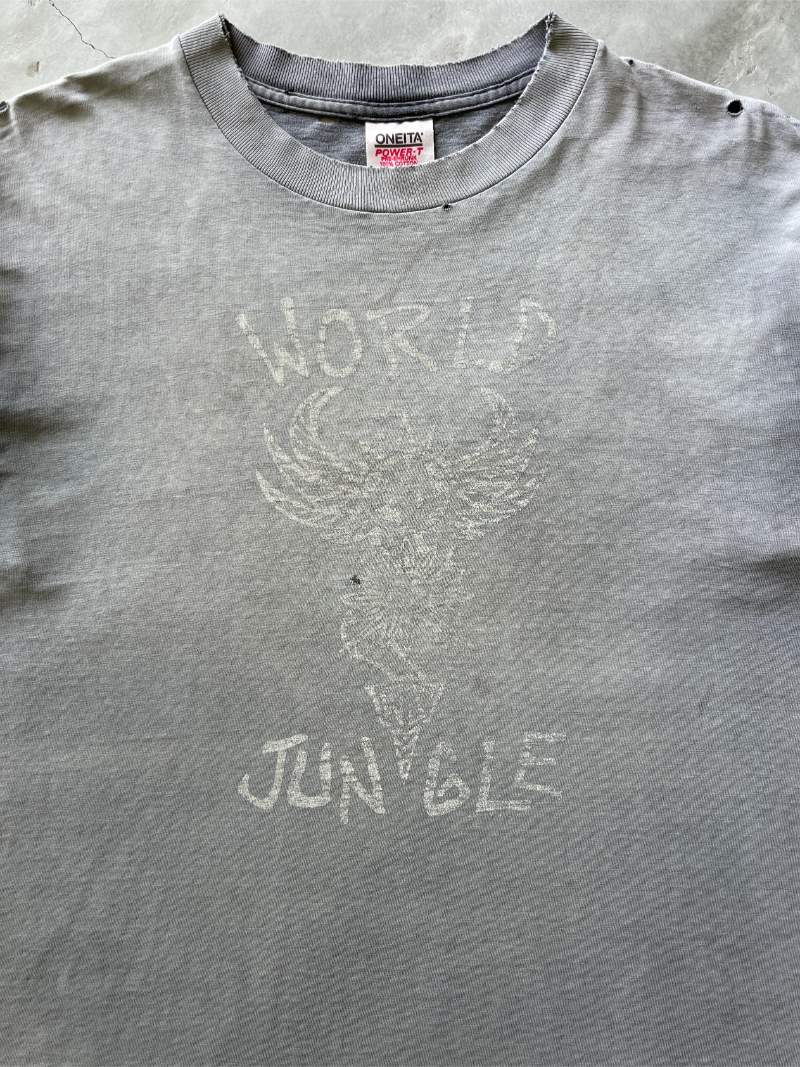 Super Sun Faded Black & Distressed World Jungle T-Shirt - 90s - XL