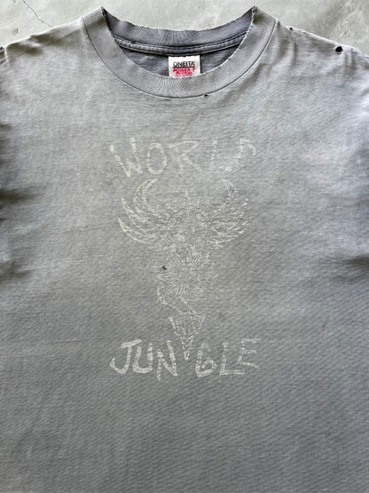 Super Sun Faded Black & Distressed World Jungle T-Shirt - 90s - XL