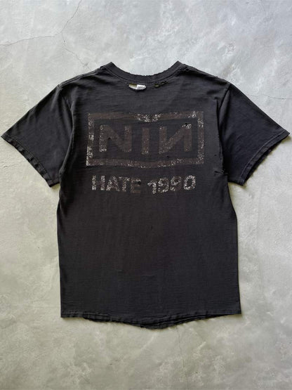 Distressed Black NIN Hate T-Shirt - 1990s - L