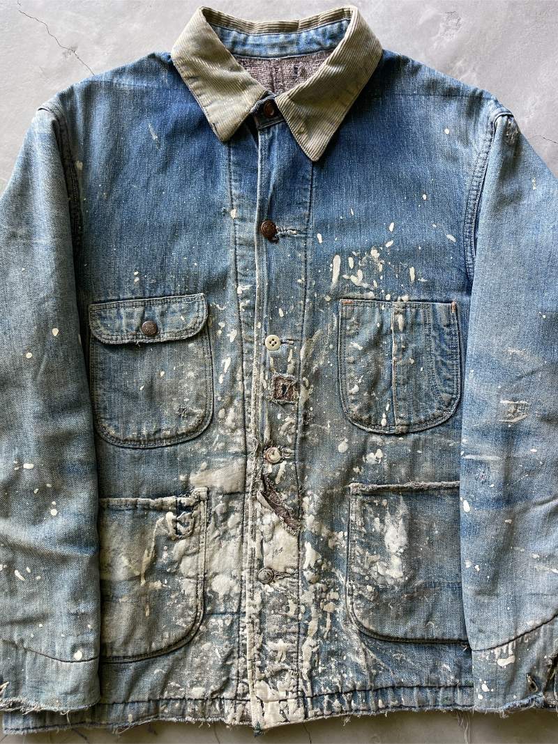 White Painted Blanket Lined Denim Chore Coat - 50s/60s - M/L