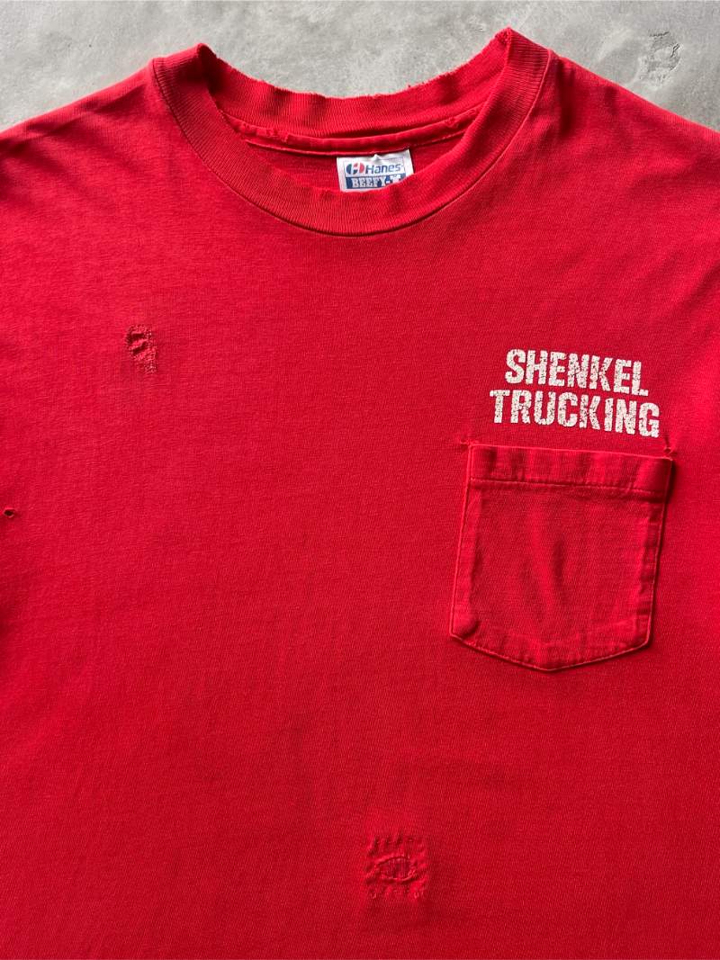 Sun Faded/Repaired Red Shenkel Trucking Pocket T-Shirt - 80s/90s - XL